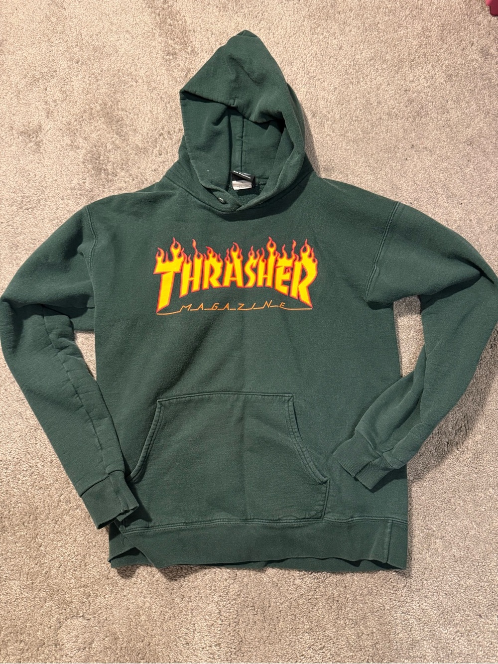 Thrasher Forest Green Hoodie with Yellow & Red Flame Logo